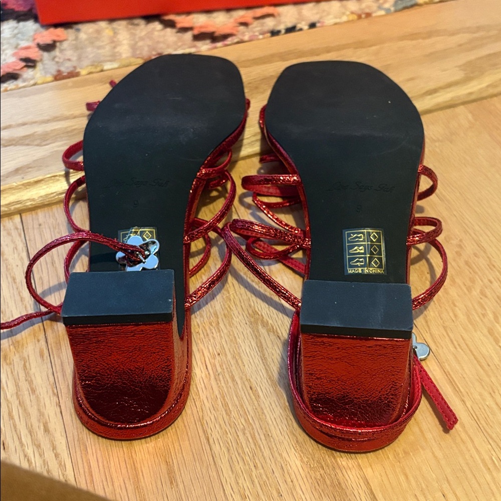 New Lisa Says Gah Carey Bow Sandals - Metallic Red Strappy Heels - Picture 3 of 5